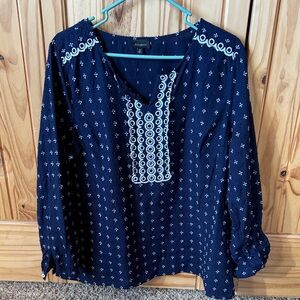 Talbots Navy Blouse with White Embroidery
